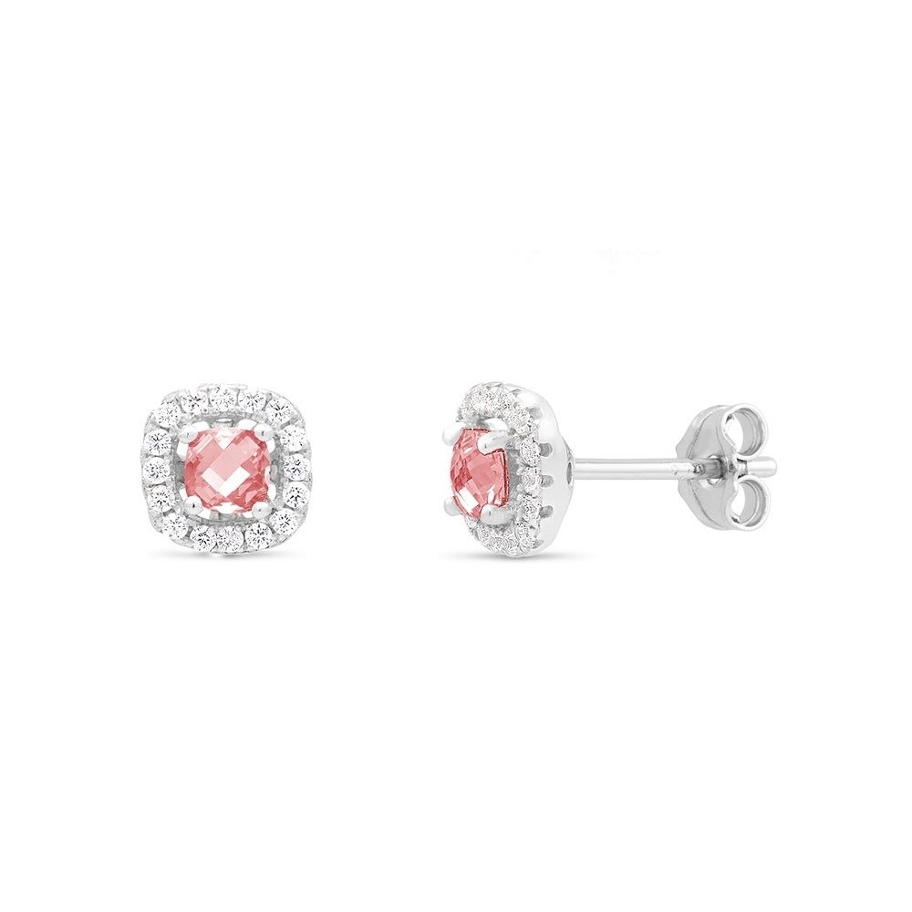 Sterling Silver January/Garnet Cushion-Cut CZ Birthstone Stud Earrings - July/Ruby