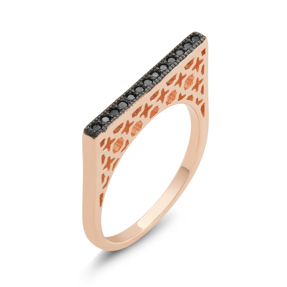 Rose Gold Plated Sterling Silver Black CZ Bar Ring - Size 6