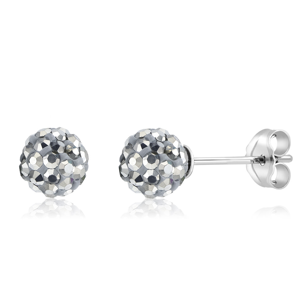 Sterling Silver 6mm Jet Black Crystal Ball Stud Earrings - Grey