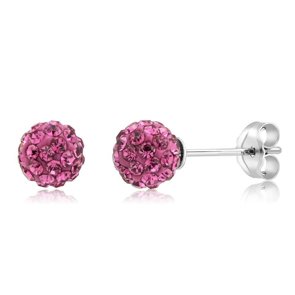 Sterling Silver 6mm Jet Black Crystal Ball Stud Earrings - Pink