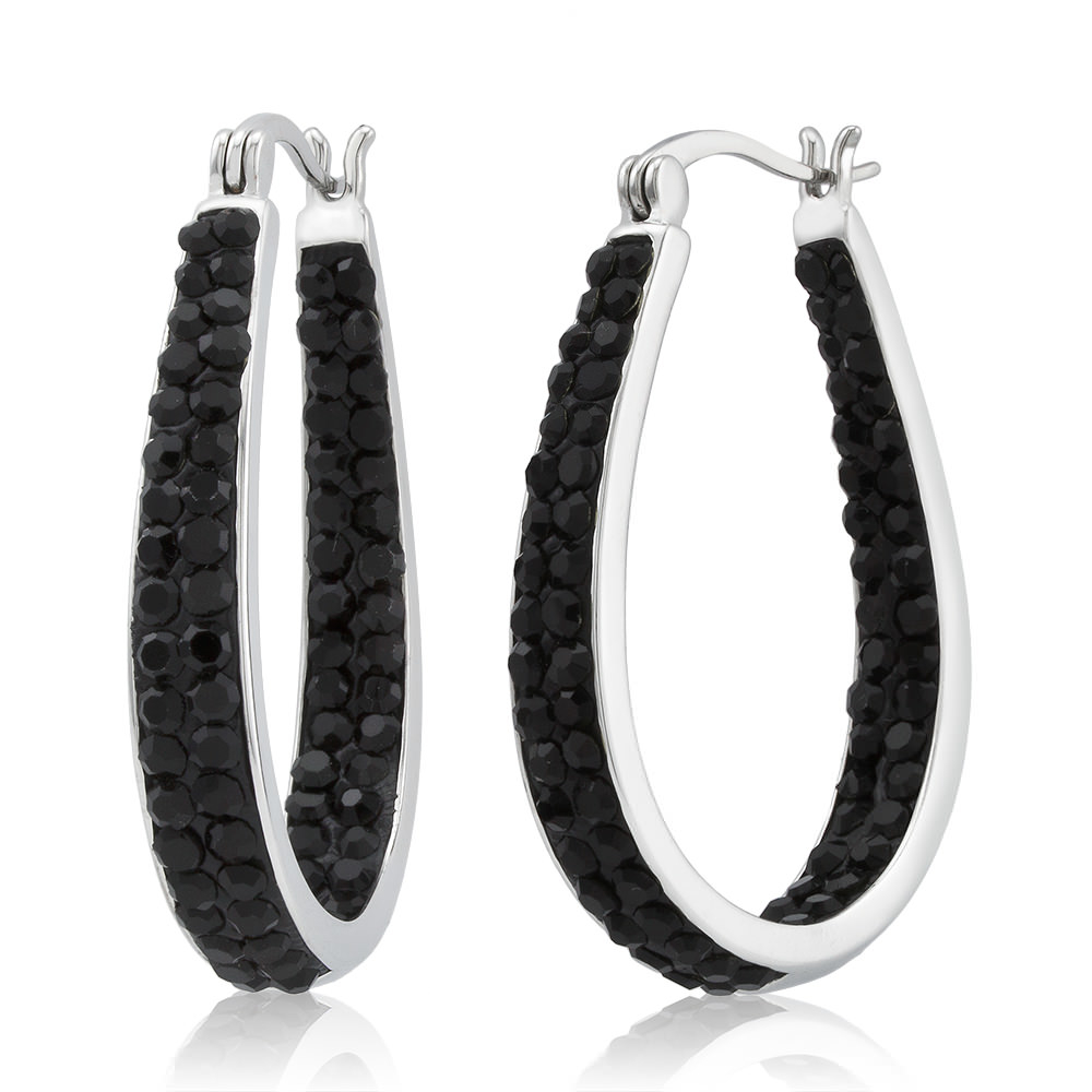 Rhodium Plated Jet Black Crystal In And Out Hoop Earrings - Sapphire
