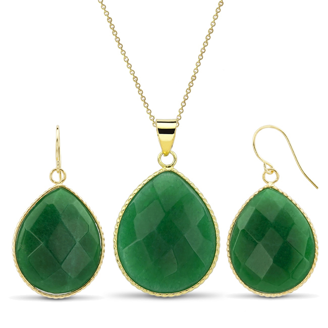 Gold Plated Oval Genuine Quartz Earrings And Necklace Set - Emerald