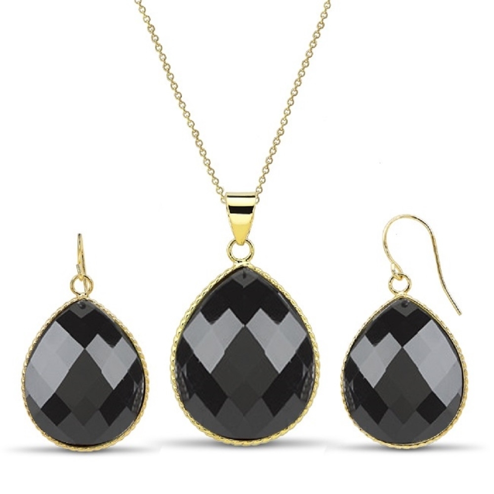 Gold Plated Oval Genuine Quartz Earrings And Necklace Set - Emerald