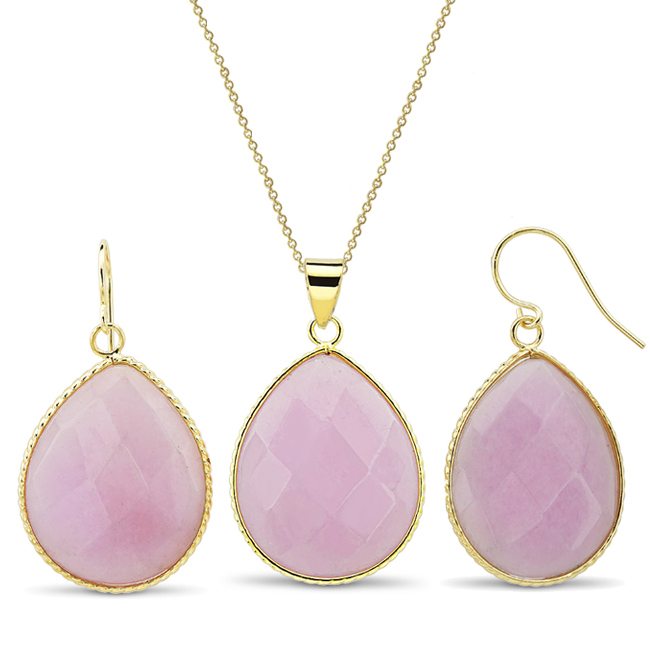 Gold Plated Oval Genuine Quartz Earrings And Necklace Set - Pink
