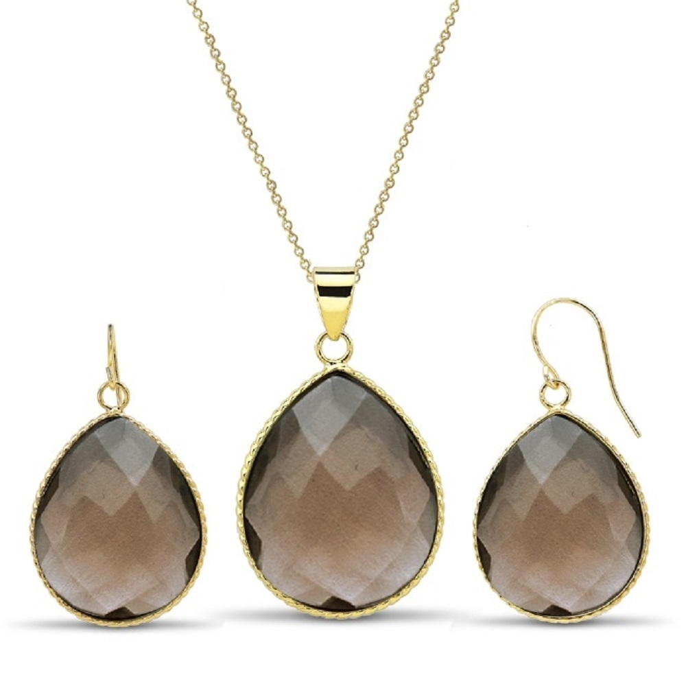 Gold Plated Oval Genuine Quartz Earrings And Necklace Set - Smoky