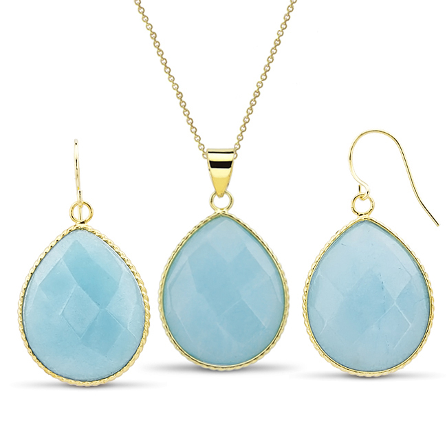 Gold Plated Oval Genuine Quartz Earrings And Necklace Set - Turquoise