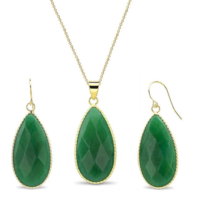 Gold Plated Pear-Cut Genuine Quartz Earrings And Necklace Set - Smoky