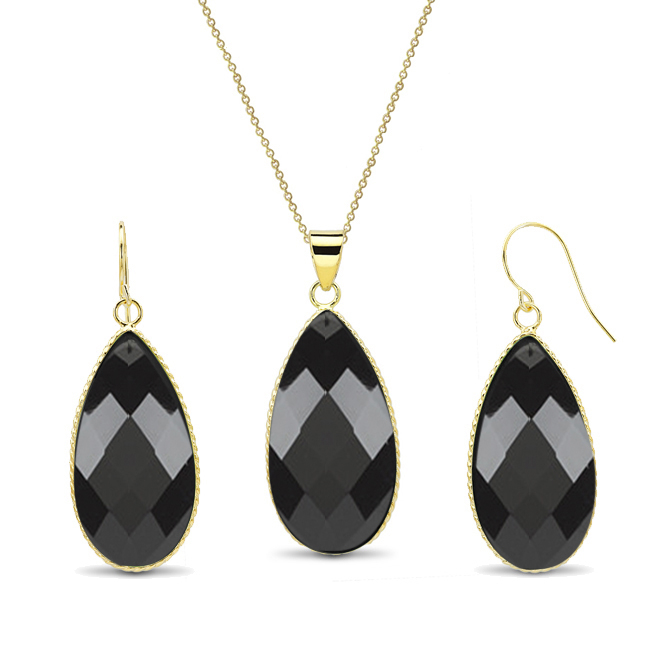 Gold Plated Pear-Cut Genuine Quartz Earrings And Necklace Set - Black