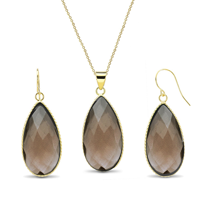 Gold Plated Pear-Cut Genuine Quartz Earrings And Necklace Set - Smoky