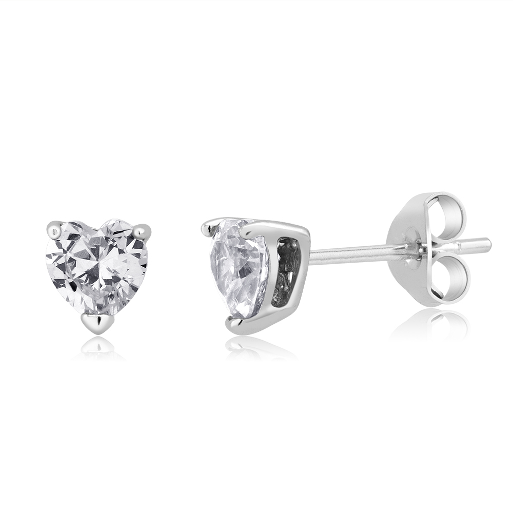 Sterling Silver 5MM Heart-Cut Simulated Diamond Stud Earrings
