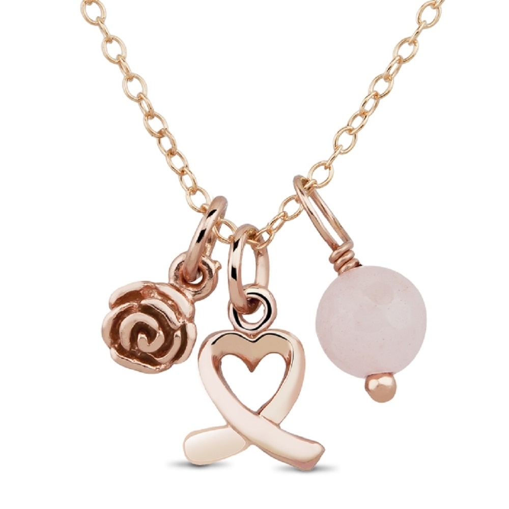 Sterling Silver Rose Gold Plated Breast Cancer Ribbon Charm Necklace