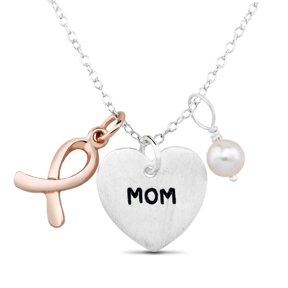 Sterling Silver And Rose Gold Plated Breast Cancer Ribbon With Heart 'MOM' Charm Necklace