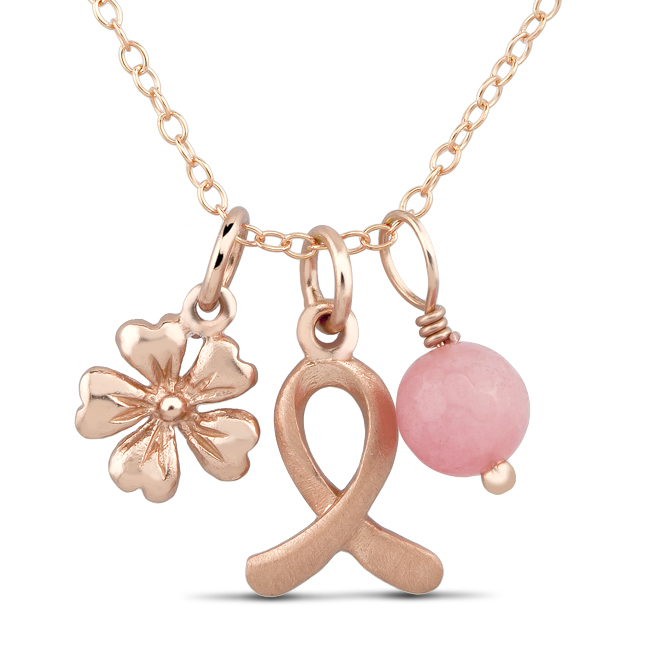 Sterling Silver Rose Gold Plated Breast Cancer Ribbon Flower Charm Necklace