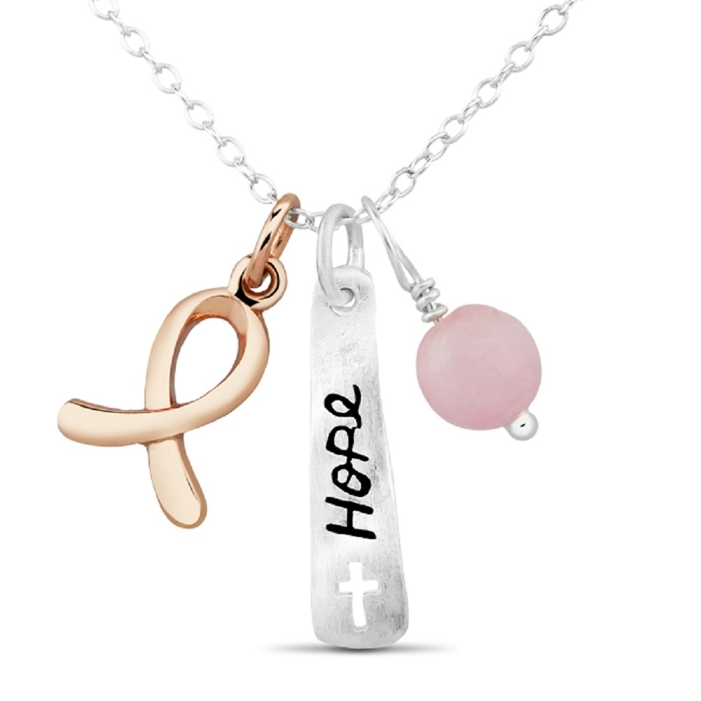 Sterling Silver, RG Plated Breast Cancer Ribbon And 'Hope' Charm Necklace