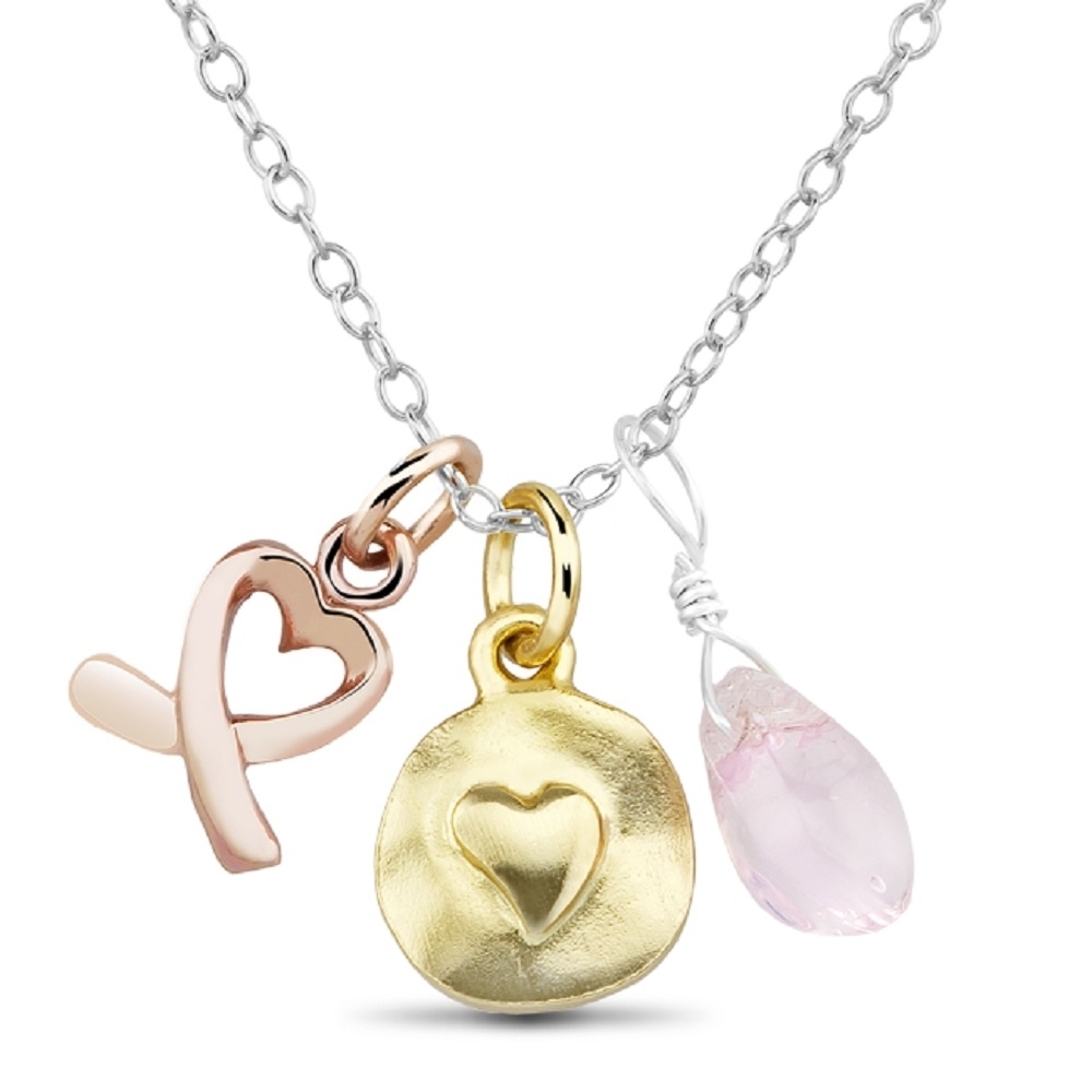 Sterling Silver, RG Plated And GP Heart Breast Cancer Ribbon And 'Hope' Charm Necklace