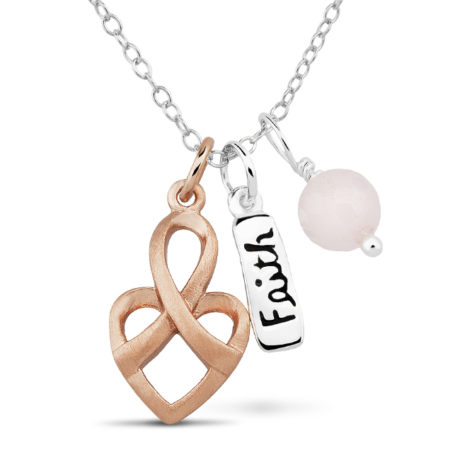 Sterling Silver, RG Plated Heart Breast Cancer Ribbon And 'Faith' Charm Necklace