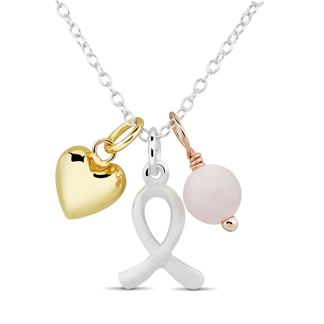Sterling Silver, Gold Plated and Rose Gold Plated Breast Cancer Ribbon Charm Necklace