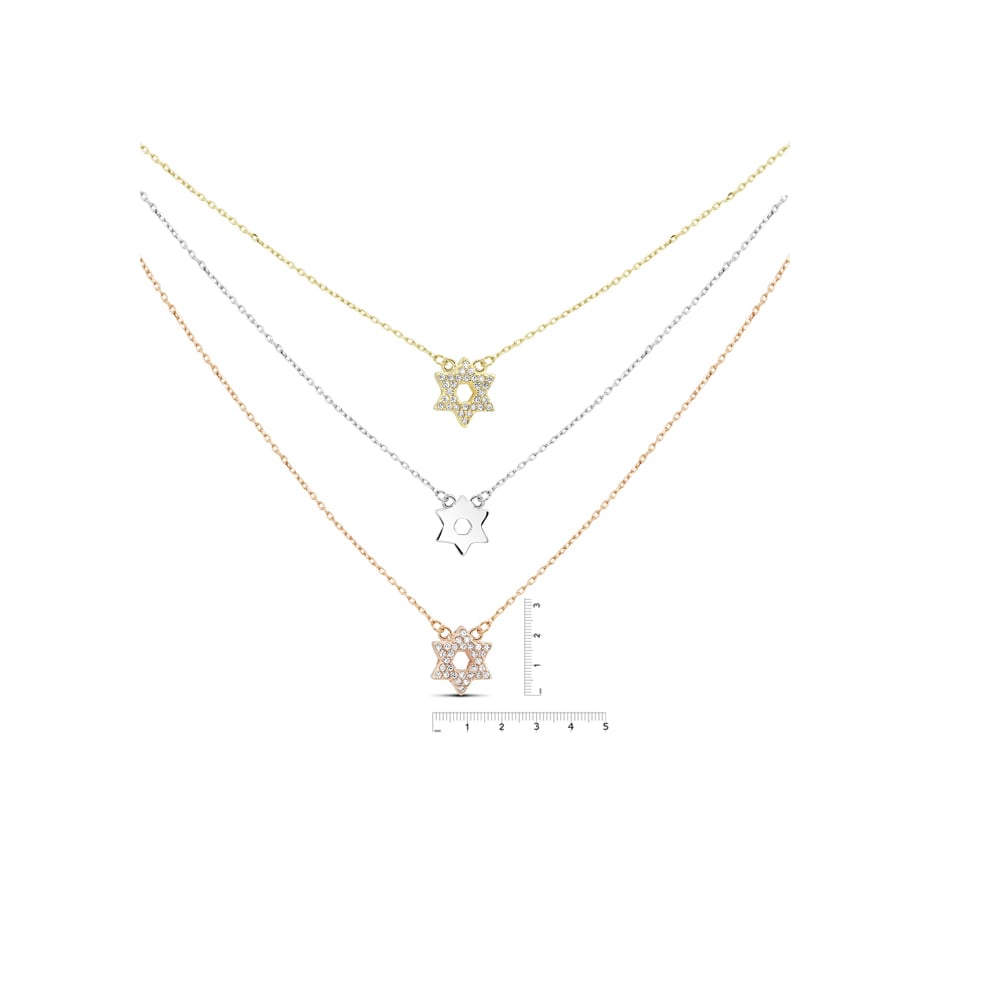 Sterling Silver, Gold Plated And Rose Gold Plated CZ Star Of David Three Strand Necklace