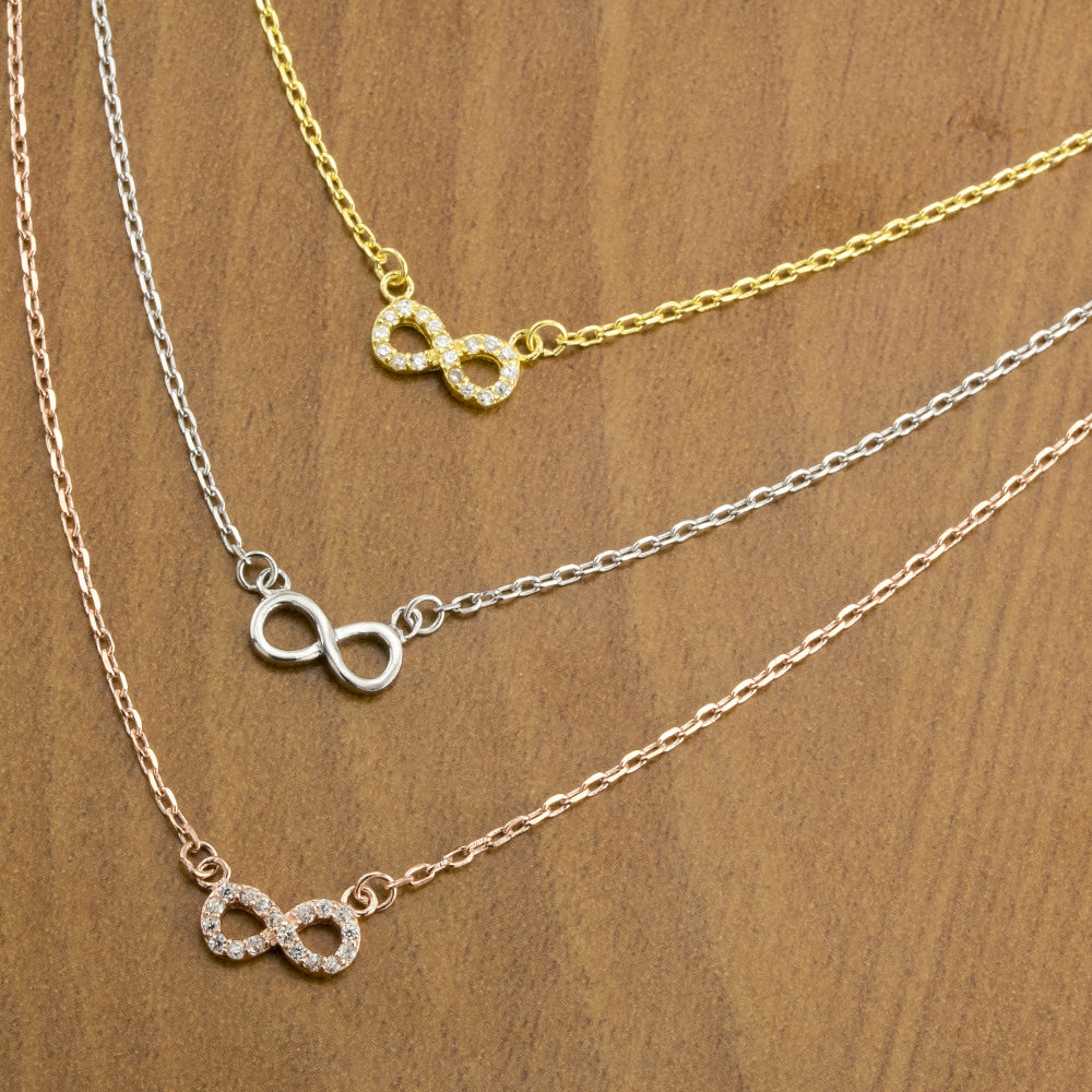 Sterling Silver, Gold Plated And Rose Gold Plated CZ Infinity Three Strand Necklace