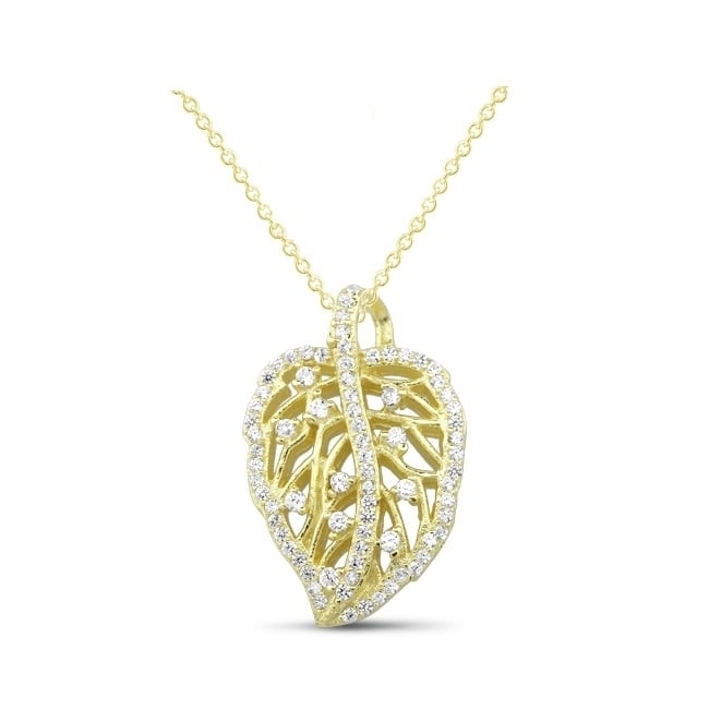 Sterling Silver CZ Leaf Necklace - Gold