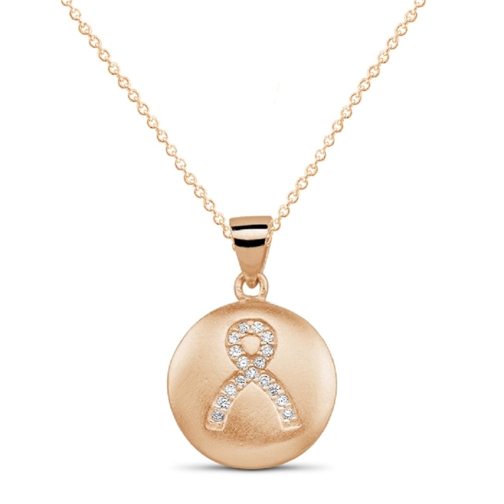 Sterling Silver CZ Breast Cancer Ribbon Disc Necklace - Rose Gold