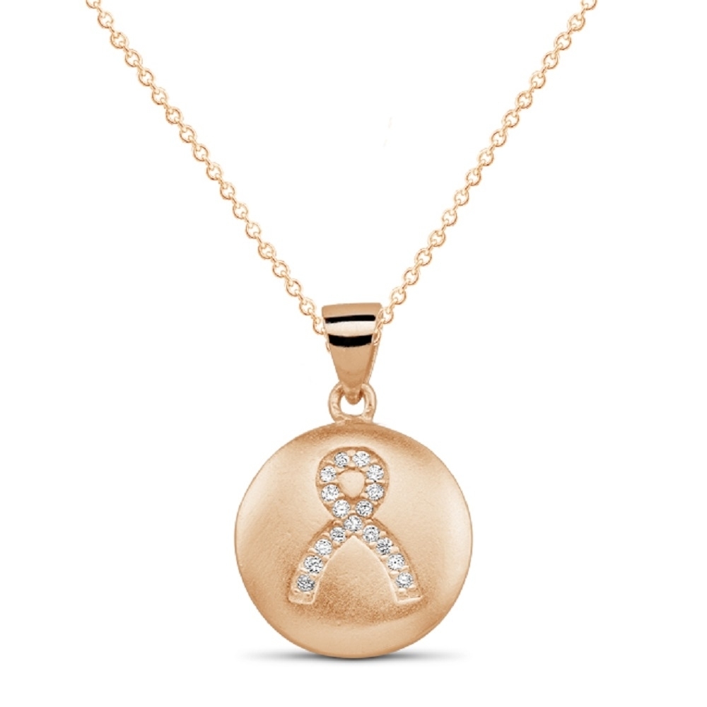 Sterling Silver CZ Breast Cancer Ribbon Disc Necklace - Gold