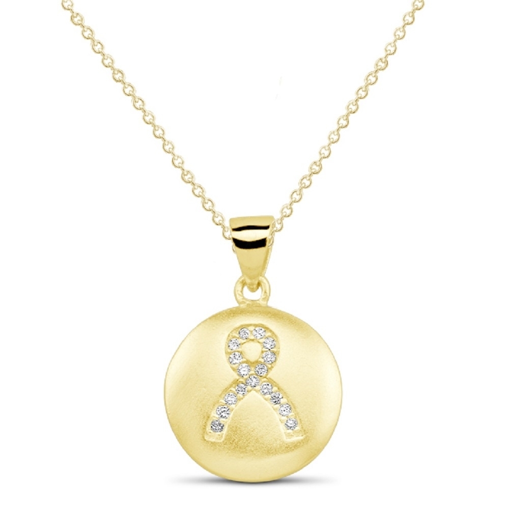 Sterling Silver CZ Breast Cancer Ribbon Disc Necklace - Gold
