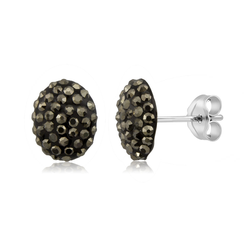 Sterling Silver 10mm Oval Black Crystal Stud Earrings - Hematite Grey