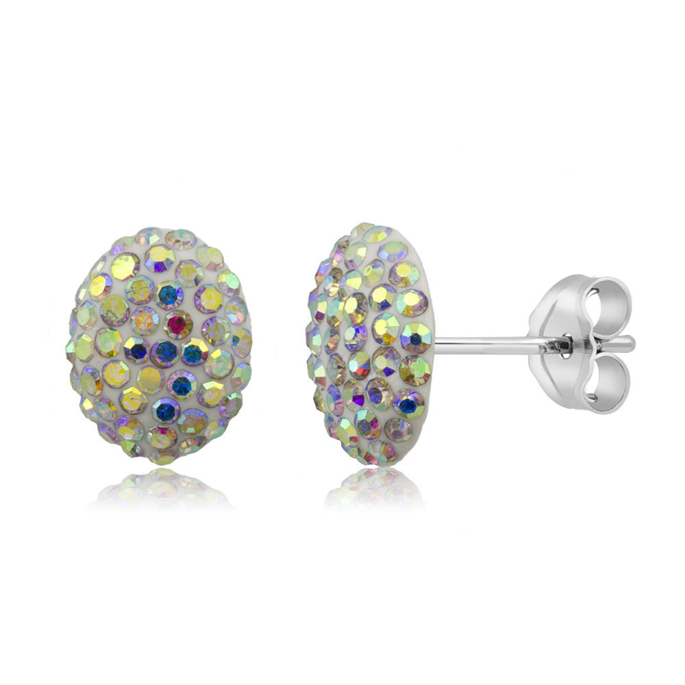 Sterling Silver 10mm Oval Black Crystal Stud Earrings - Rainbow