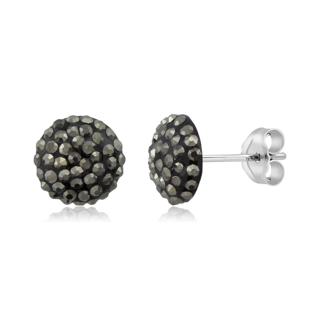 Sterling Silver 10mm Round Black Crystal Stud Earrings - Hematite Grey