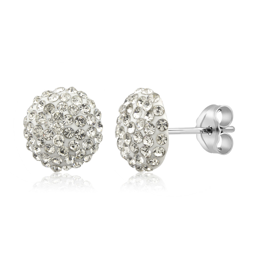 Sterling Silver 10mm Round Black Crystal Stud Earrings - White