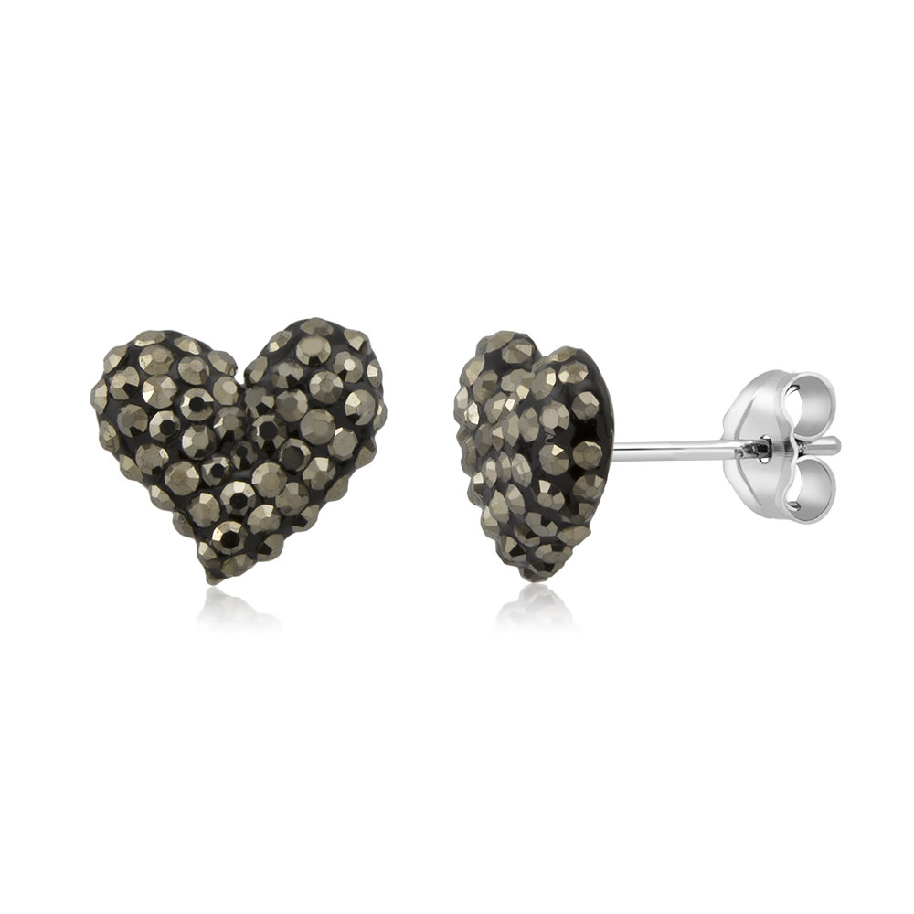 Sterling Silver 10mm Heart Jet Black Crystal Stud Earrings - Hematite Grey