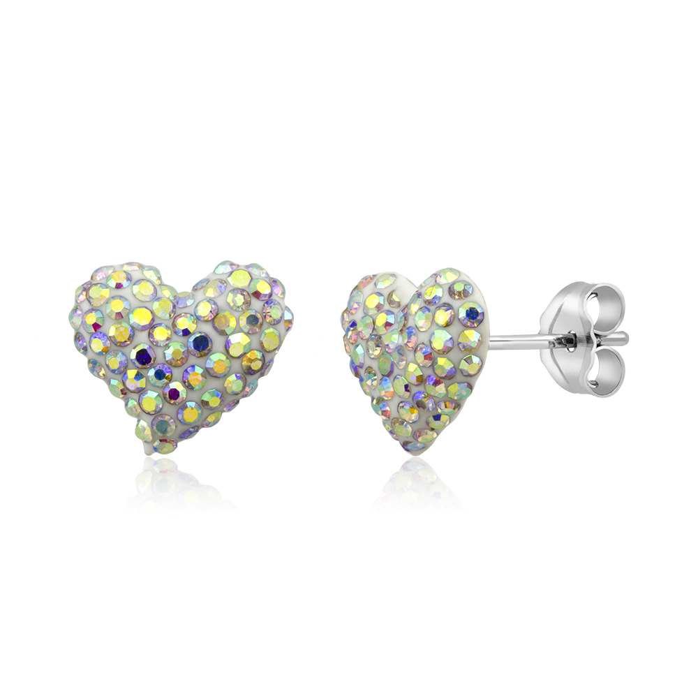 Sterling Silver 10mm Heart Jet Black Crystal Stud Earrings - Rainbow