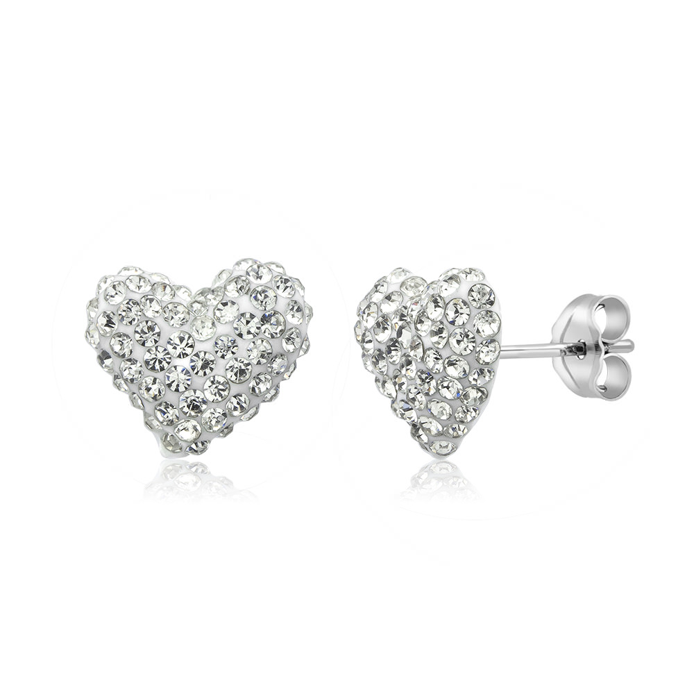 Sterling Silver 10mm Heart Jet Black Crystal Stud Earrings - White