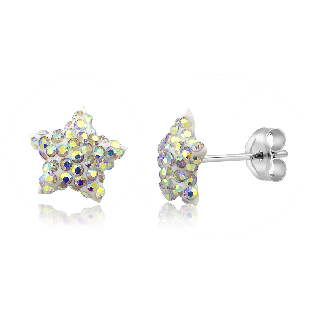 Sterling Silver 10mm Star Jet Black Crystal Stud Earrings - Rainbow