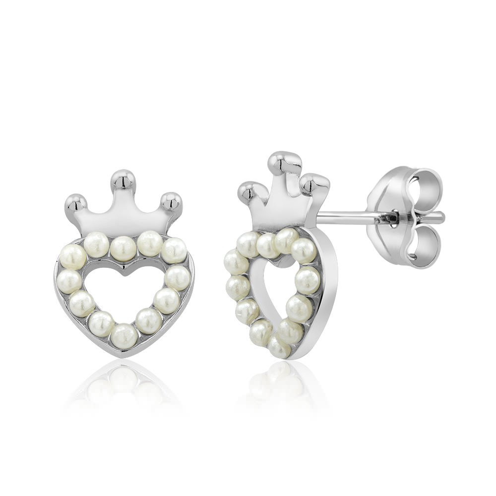 Sterling Silver Crowned Heart Freshwater Pearl Stud Earrings - Silver