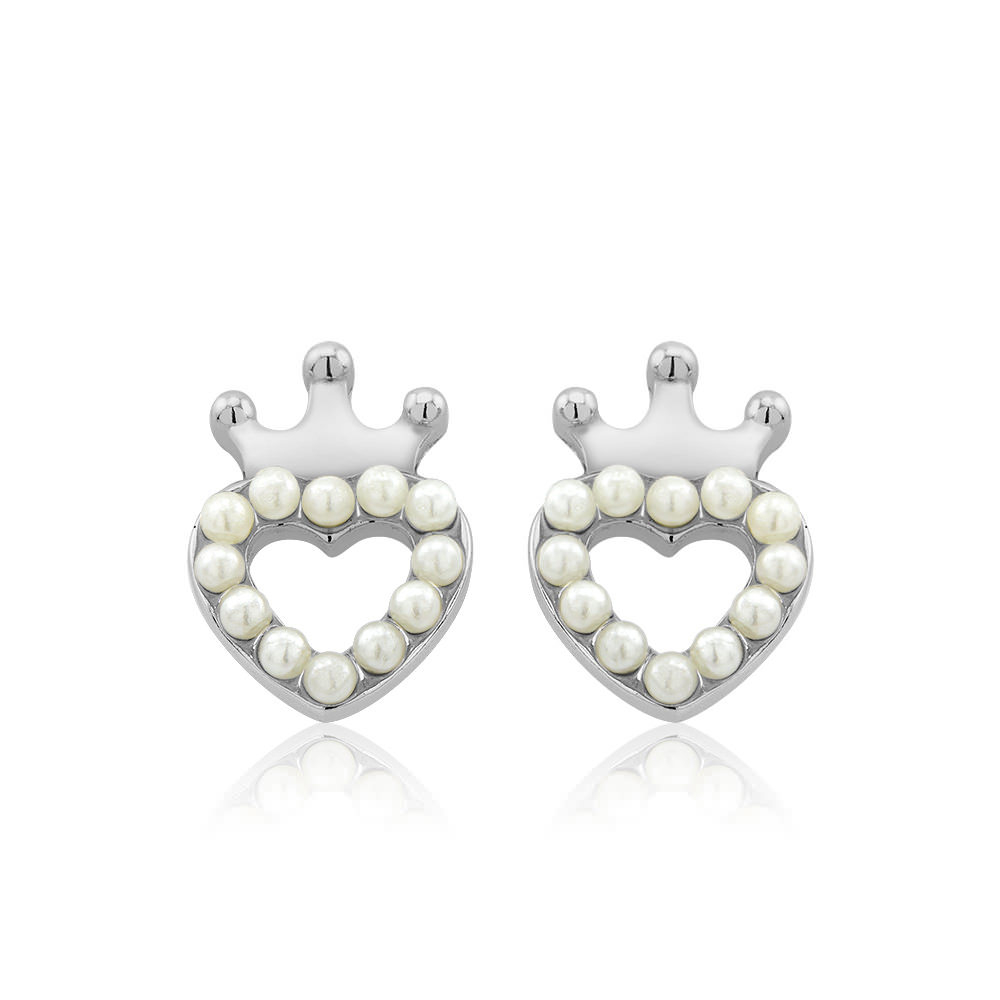 Sterling Silver Crowned Heart Freshwater Pearl Stud Earrings - Silver
