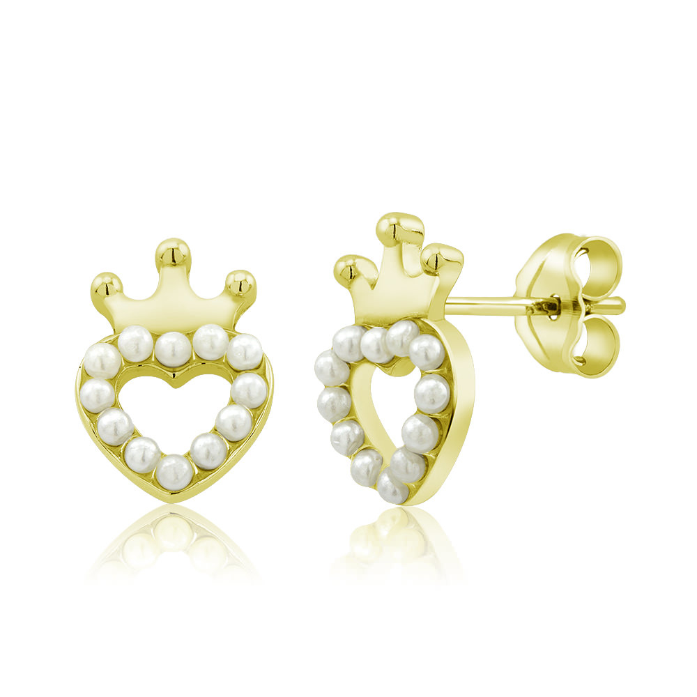 Sterling Silver Crowned Heart Freshwater Pearl Stud Earrings - Gold Plated