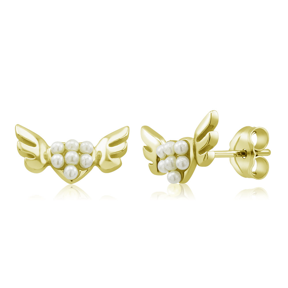 Sterling Silver Winged Heart Freshwater Pearl Stud Earrings - Gold Plated