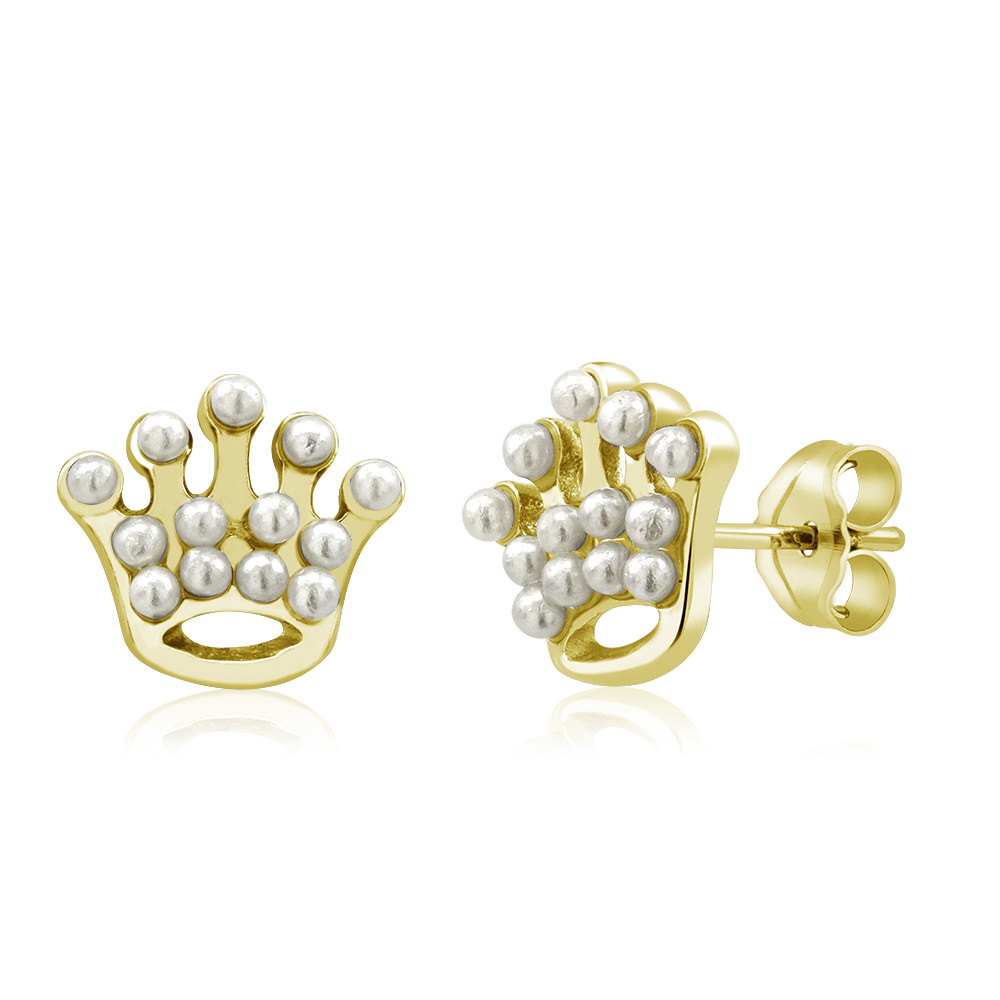 Sterling Silver Crown Freshwater Pearls Stud Earrings - Gold Plated