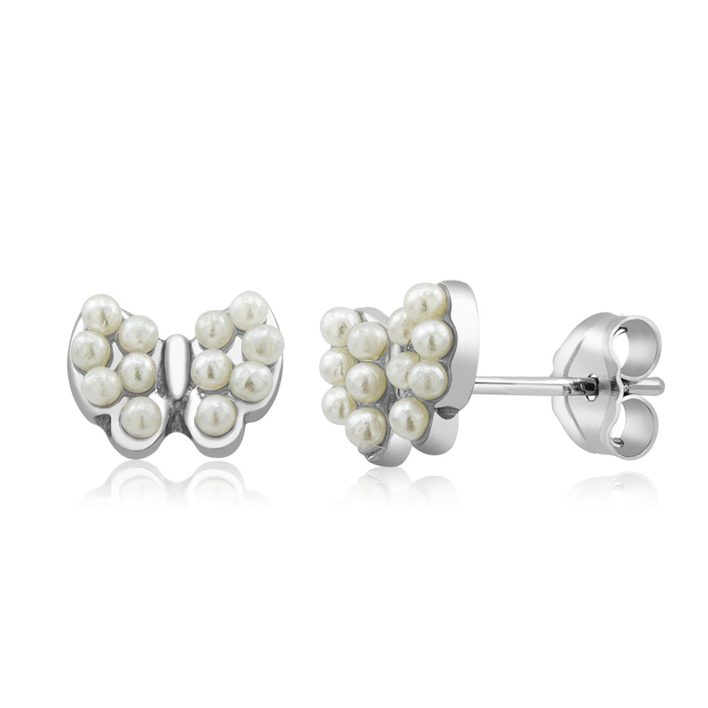 Sterling Silver Butterfly Freshwater Pearls Stud Earrings - Silver
