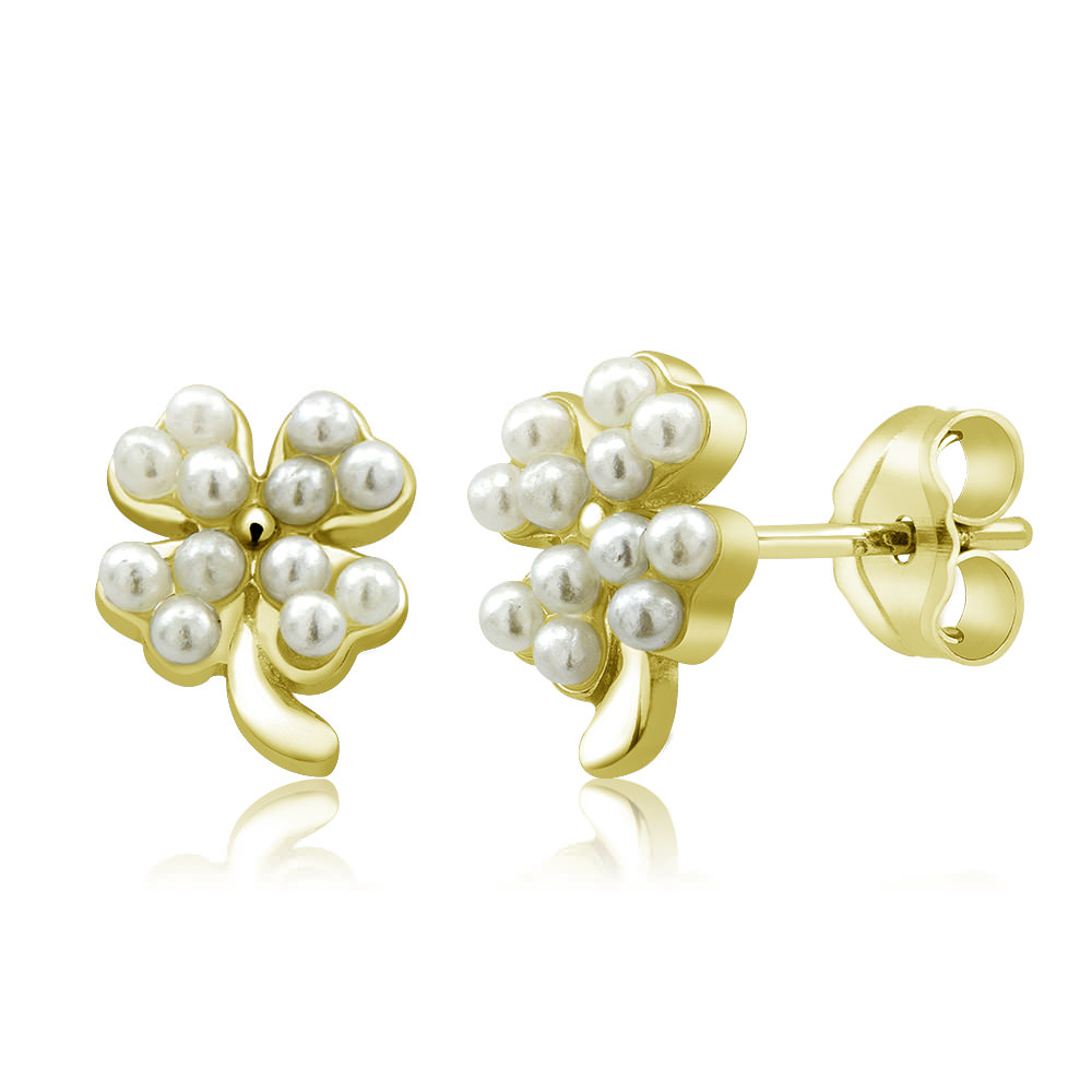 Sterling Silver Clover Freshwater Pearls Stud Earrings - Gold Plated
