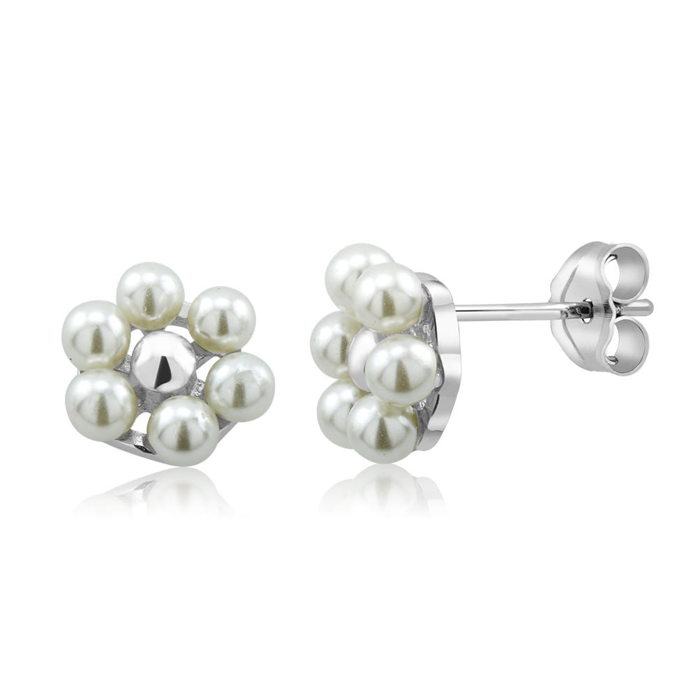 Sterling Silver Flower Freshwater Pearls Stud Earrings - Silver
