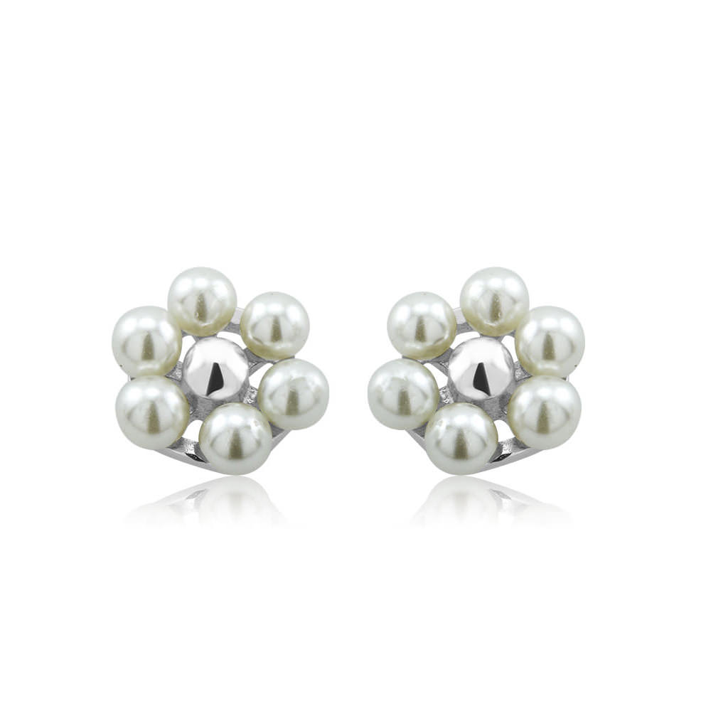 Sterling Silver Flower Freshwater Pearls Stud Earrings - Silver