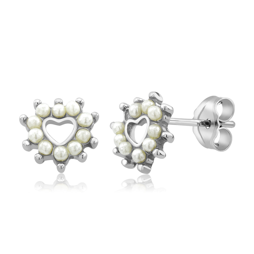Sterling Silver Heart Freshwater Pearls Stud Earrings - Silver