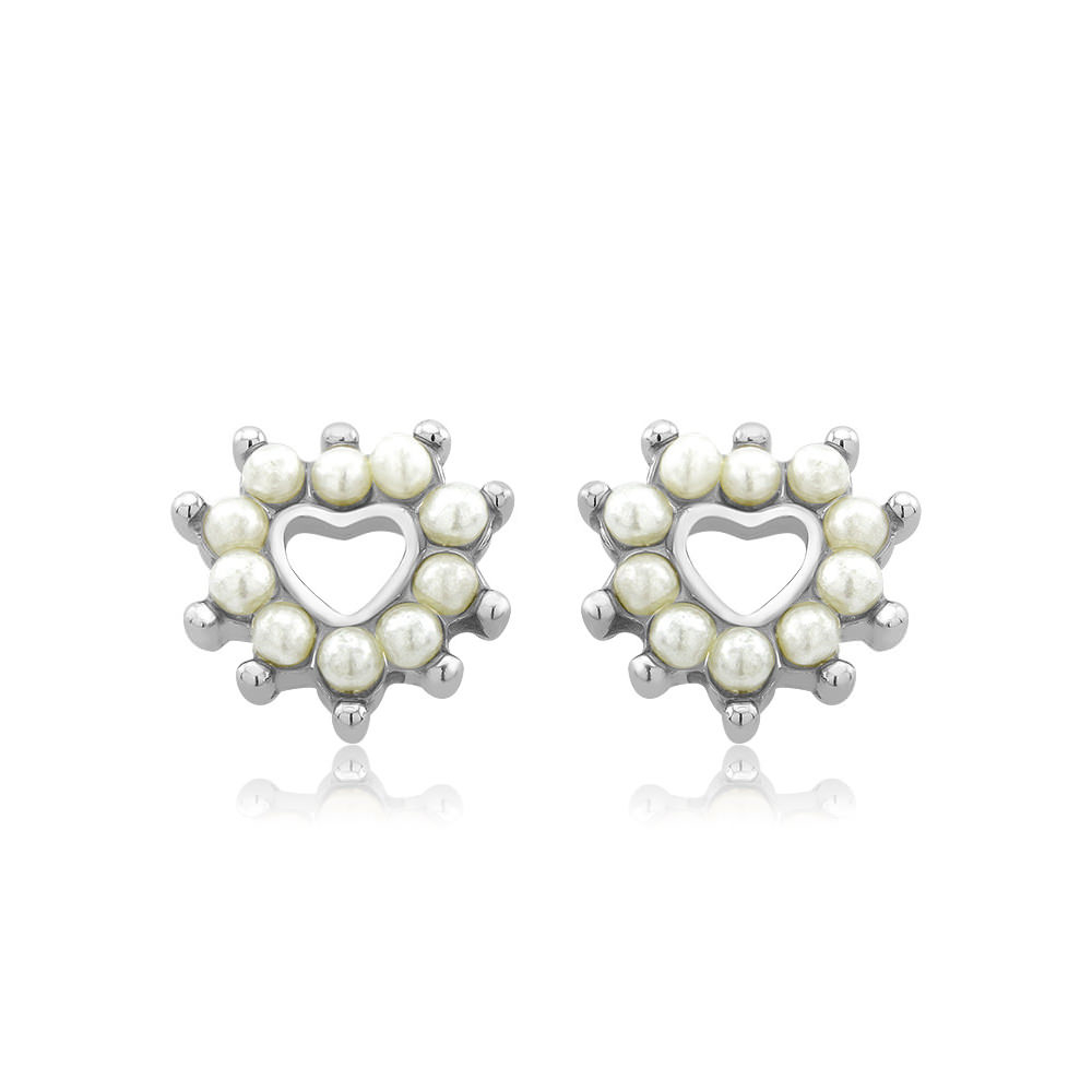 Sterling Silver Heart Freshwater Pearls Stud Earrings - Silver