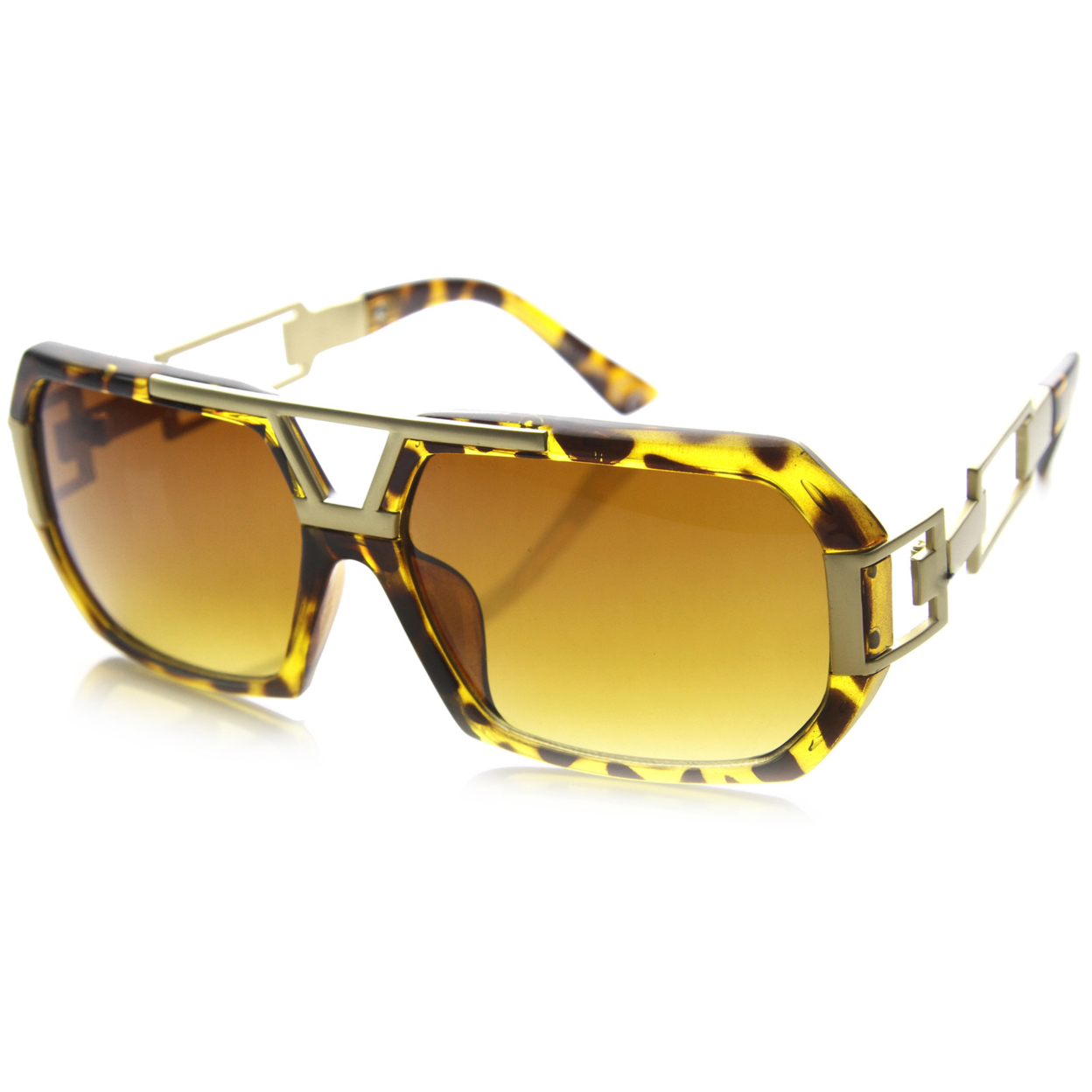 Large Fashion Square Urban Spec Style Sunglasses With Die Cut Metal Arms 9755 - Shiny-Tortoise Amber