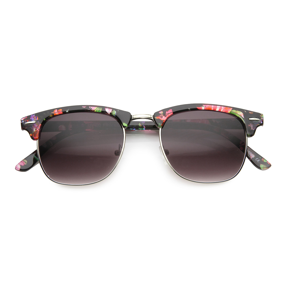 Women's Floral Pattern Square Half-Frame Horn Rimmed Sunglasses 9775 - Clear-Pink / Lavender
