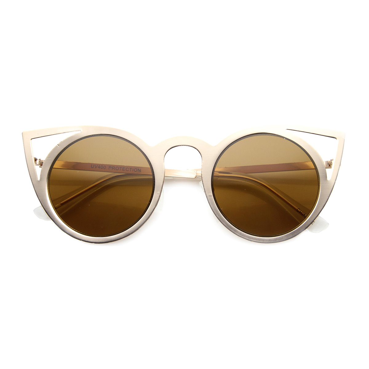 Womens High Fashion Full Round Metal Cut-Out Cat Eye Frame Sunglasses 9788 - Gunmetal / Green