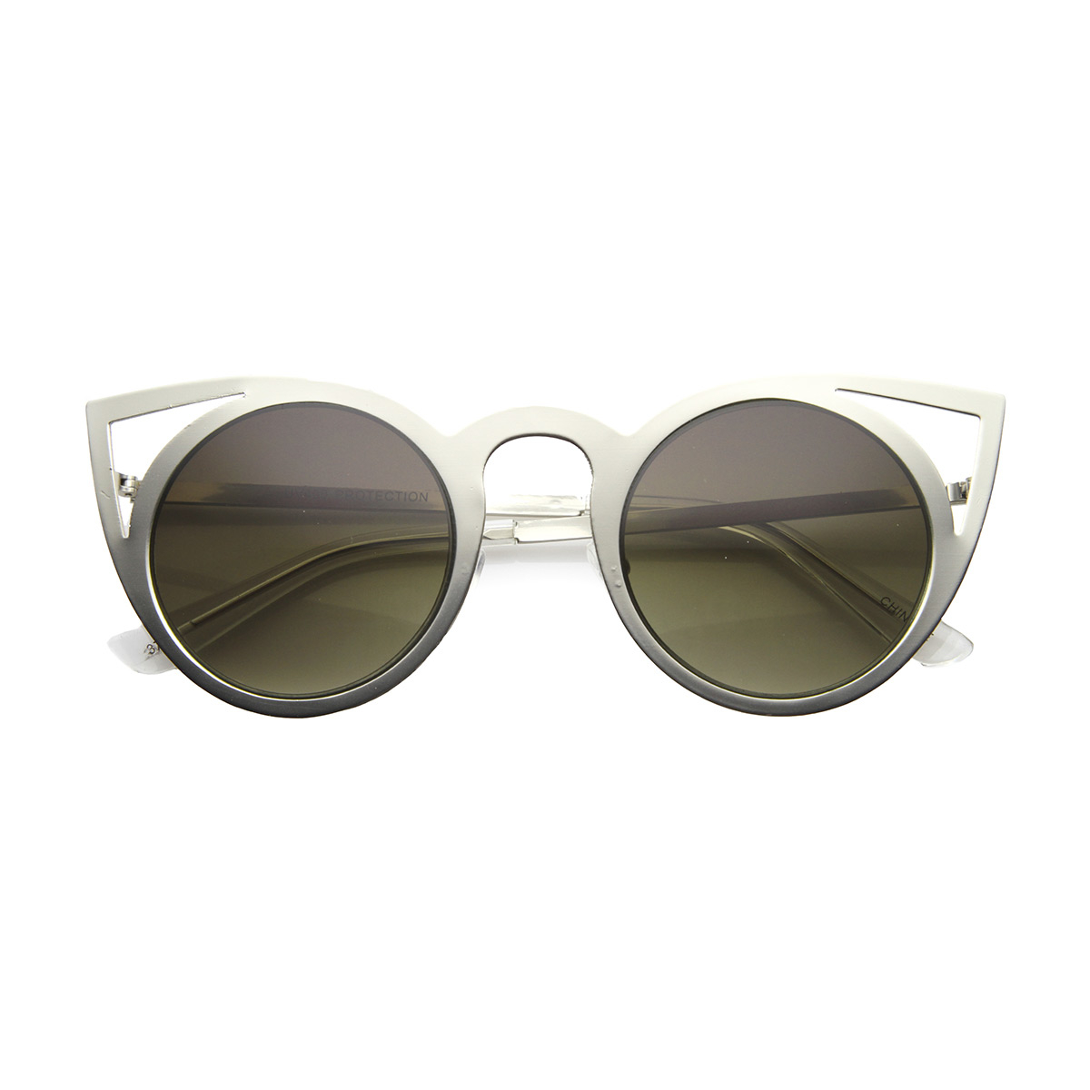 Womens High Fashion Full Round Metal Cut-Out Cat Eye Frame Sunglasses 9788 - Gunmetal / Green